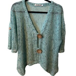 Lulu B Women's Teal Mesh Open Front Cardigan Crochet Buttons Size L